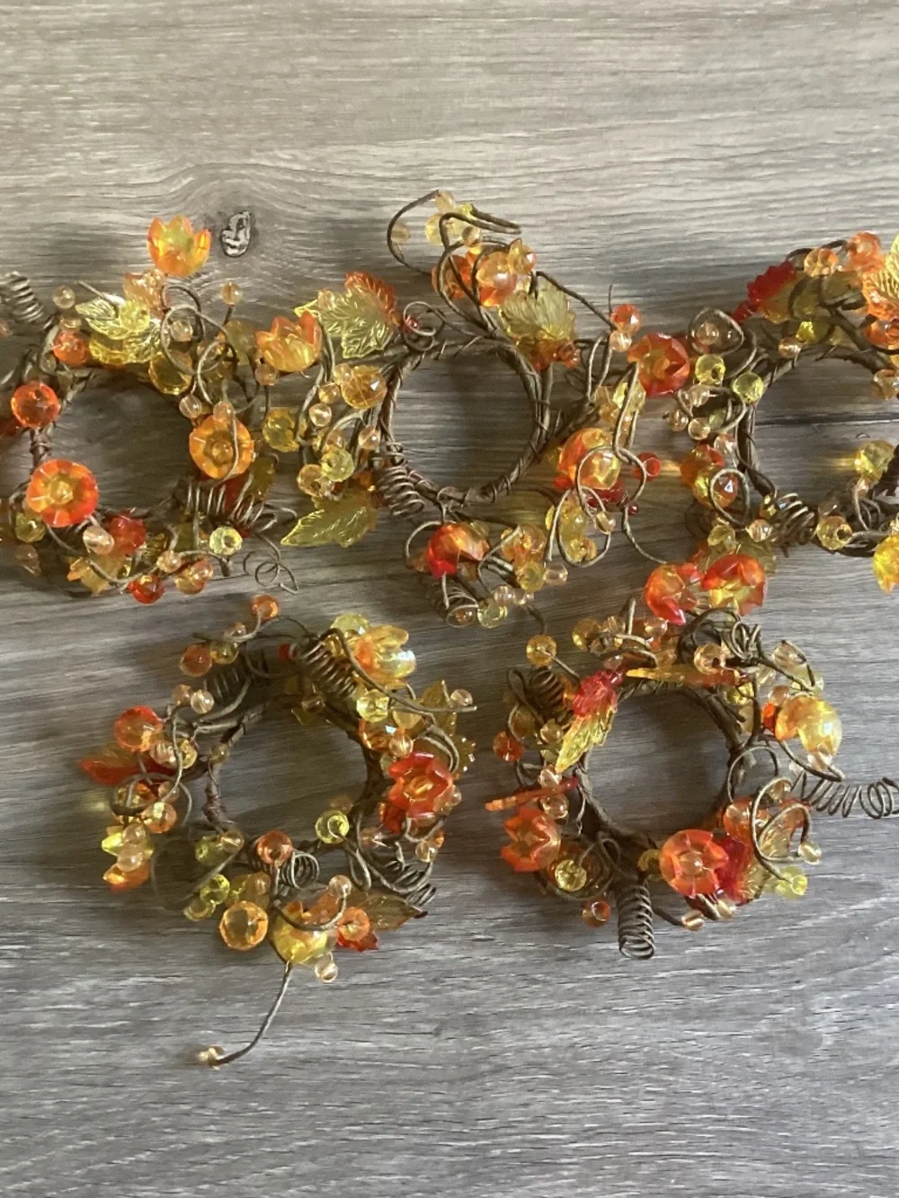 5 Beaded Amber Lucite Fall Leafs Flowers Grapevine Cluster Napkin Candle Rings
